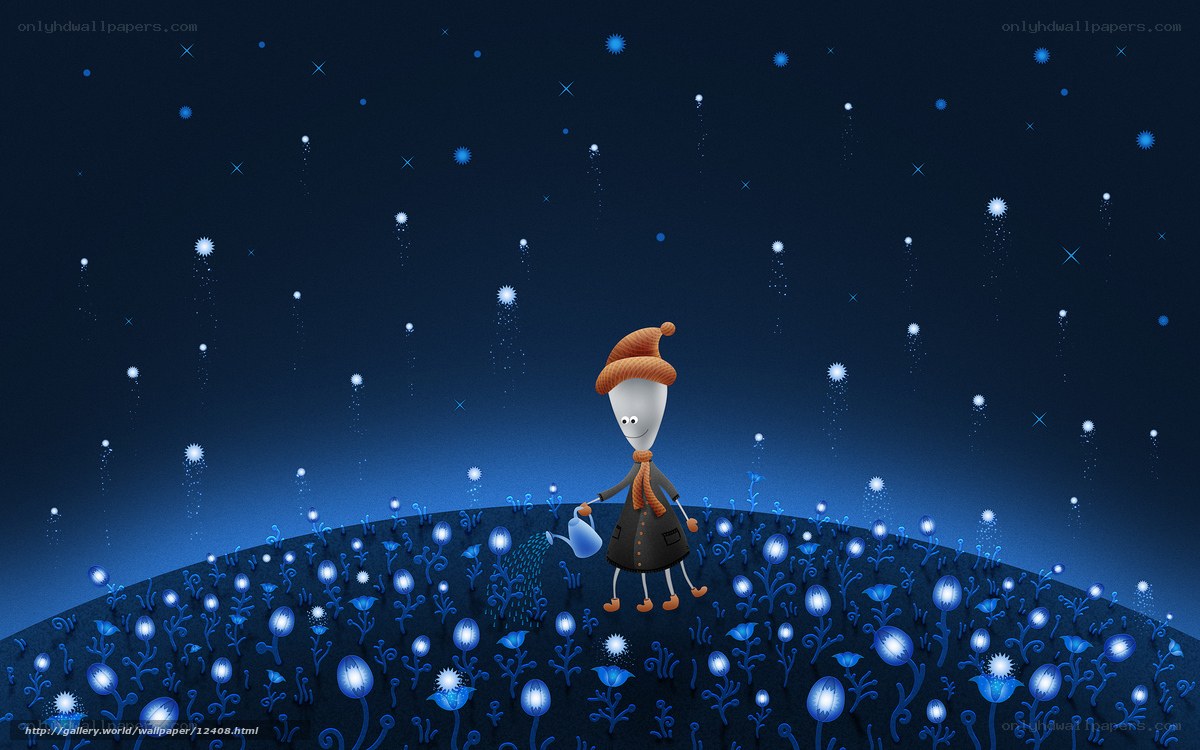 Child watering flowers under stars