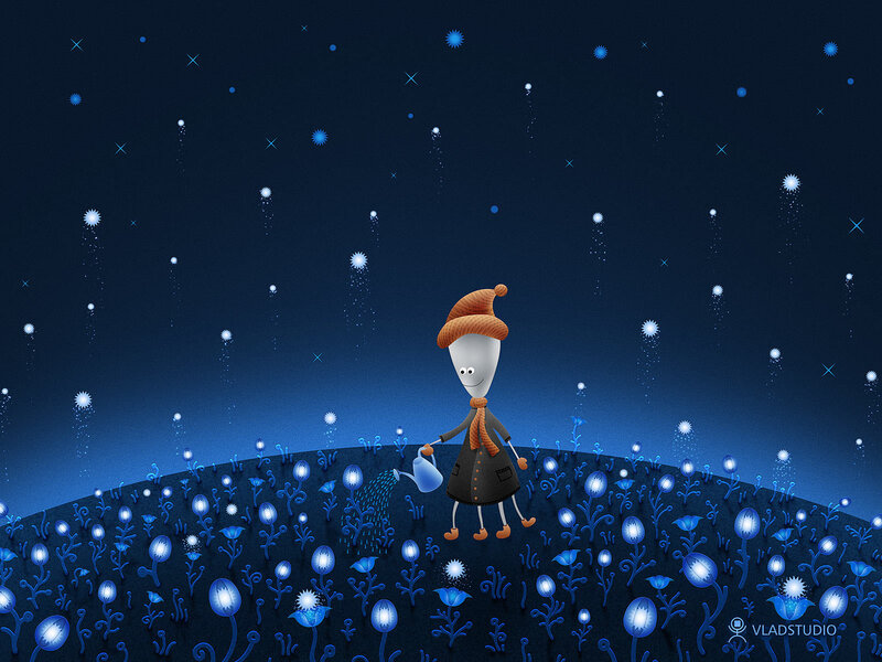 child watering starry plants