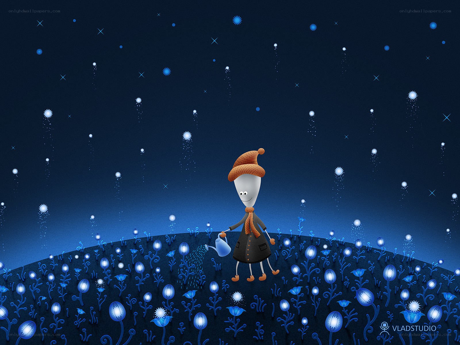 child watering starry plants