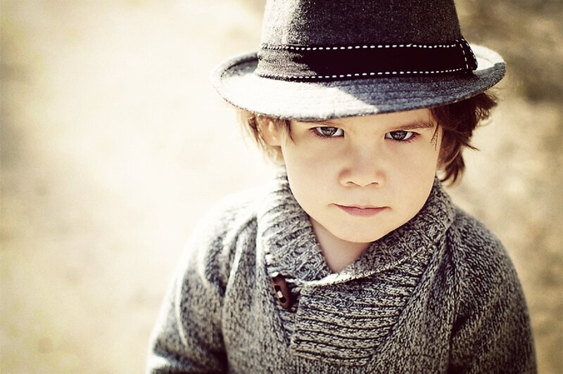 Child Wearing Hat — Gray, Serious
