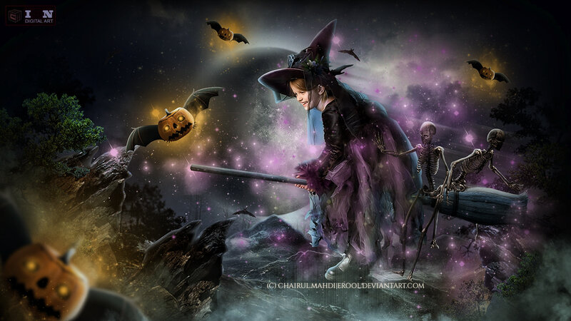 Child Witch on Broom — Purple