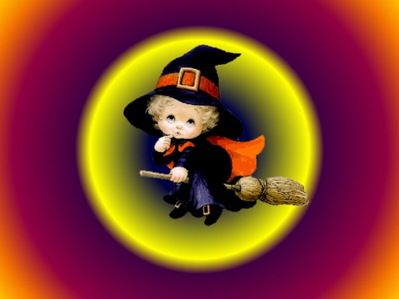 Child Witch on Broom — Yellow