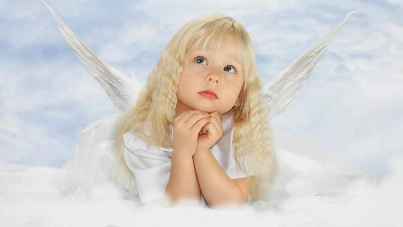 Child with Angel Wings — White, Serene, Photograph, Clouds