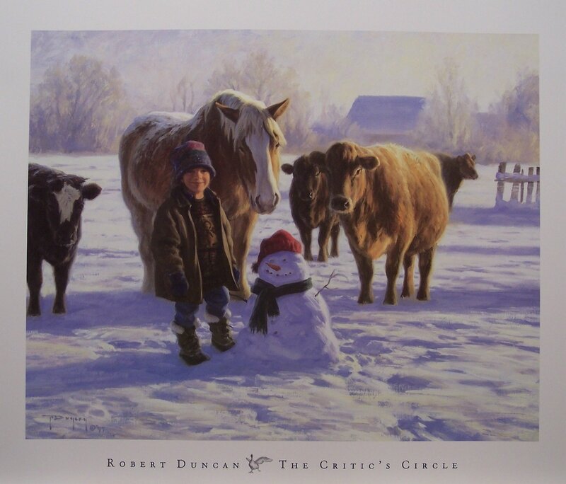 Child with animals in snow