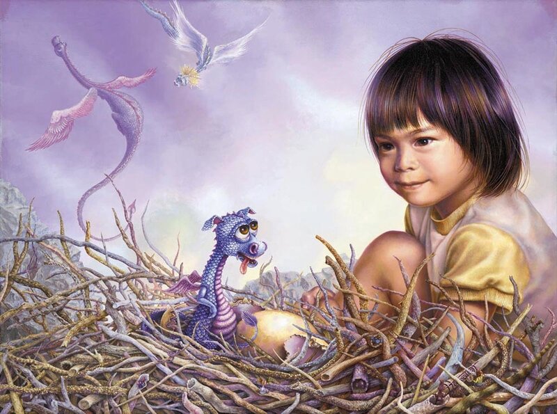 child with baby dragon in nest