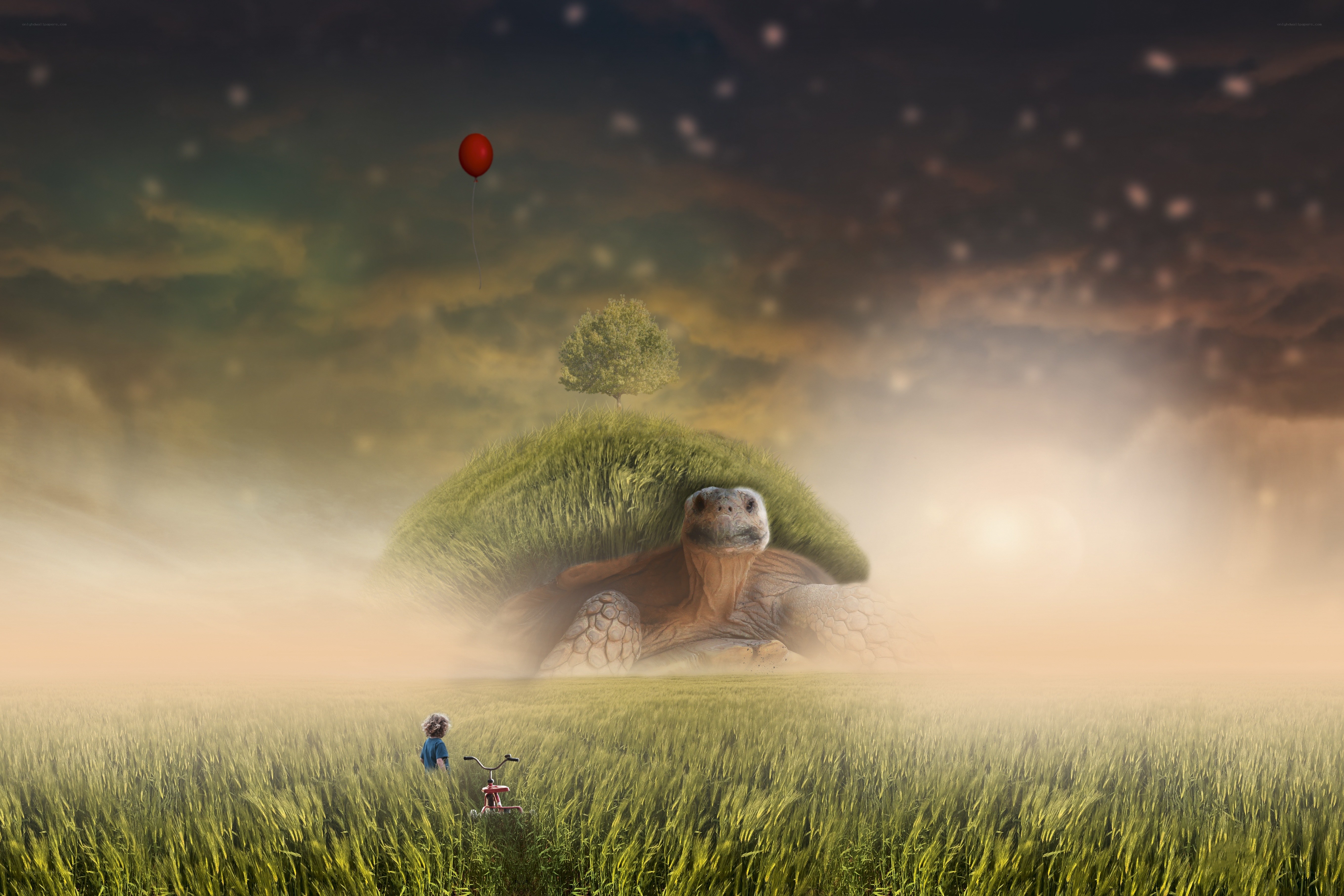 Child with balloon and giant turtle