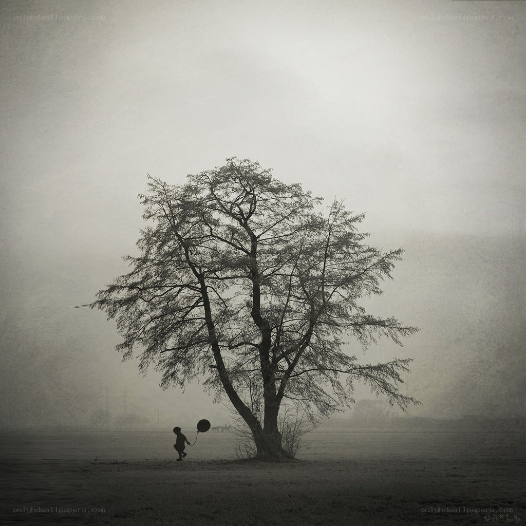 Child with balloon in fog
