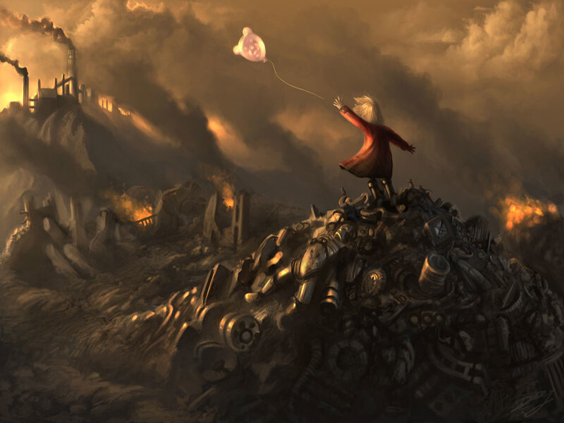 Child with balloon in wasteland
