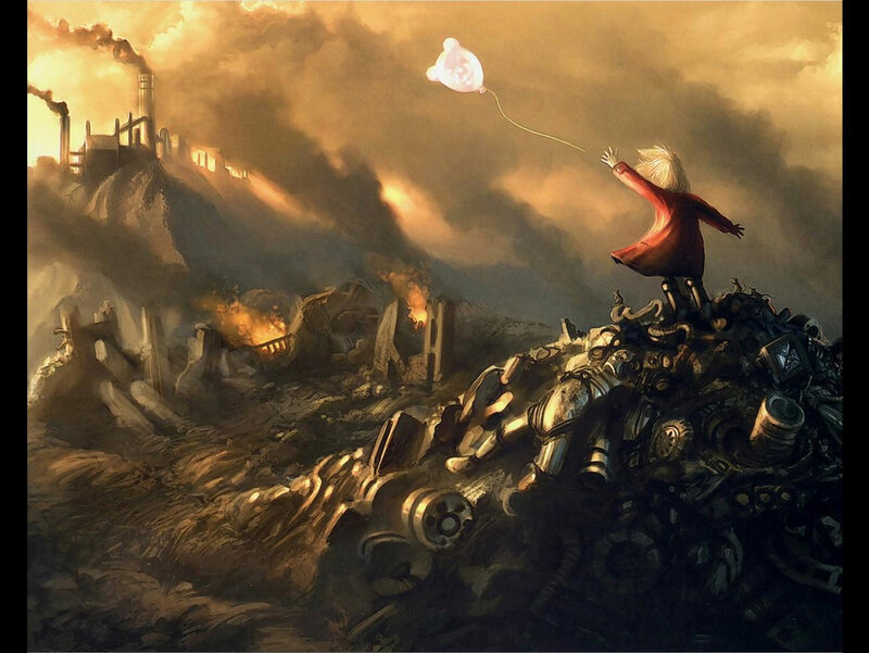 Child with balloon in wasteland