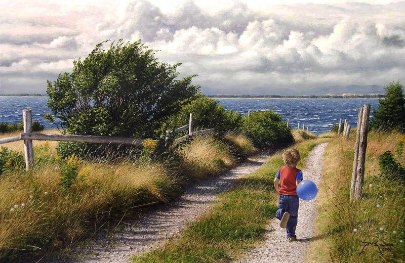 Child with balloon on path