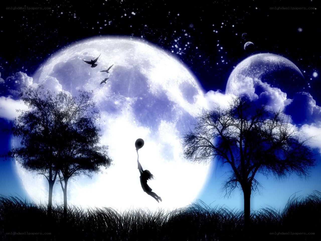 Child with balloon under moon