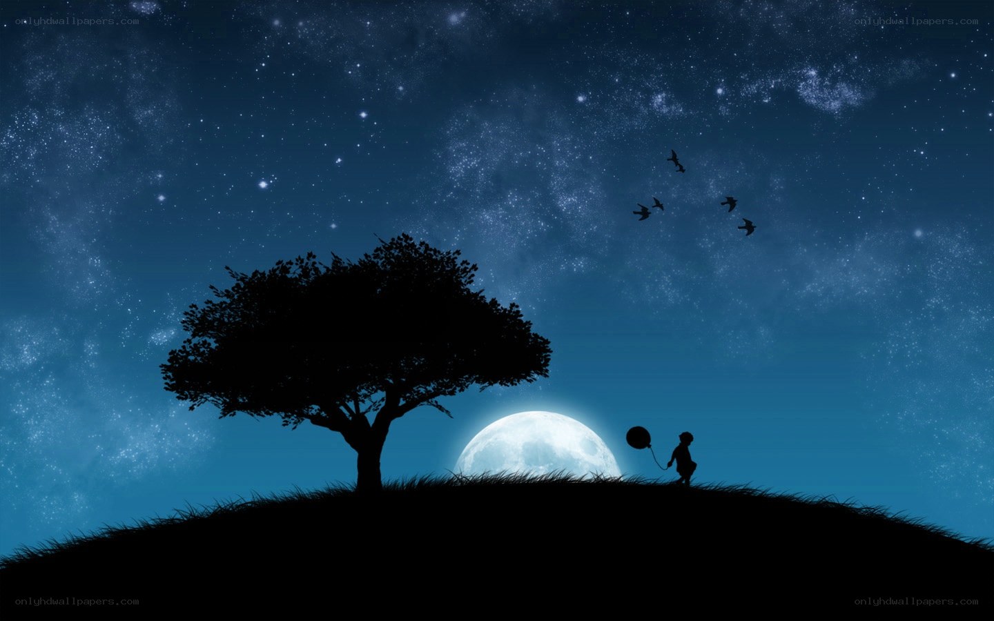 Child with balloon under moonlight