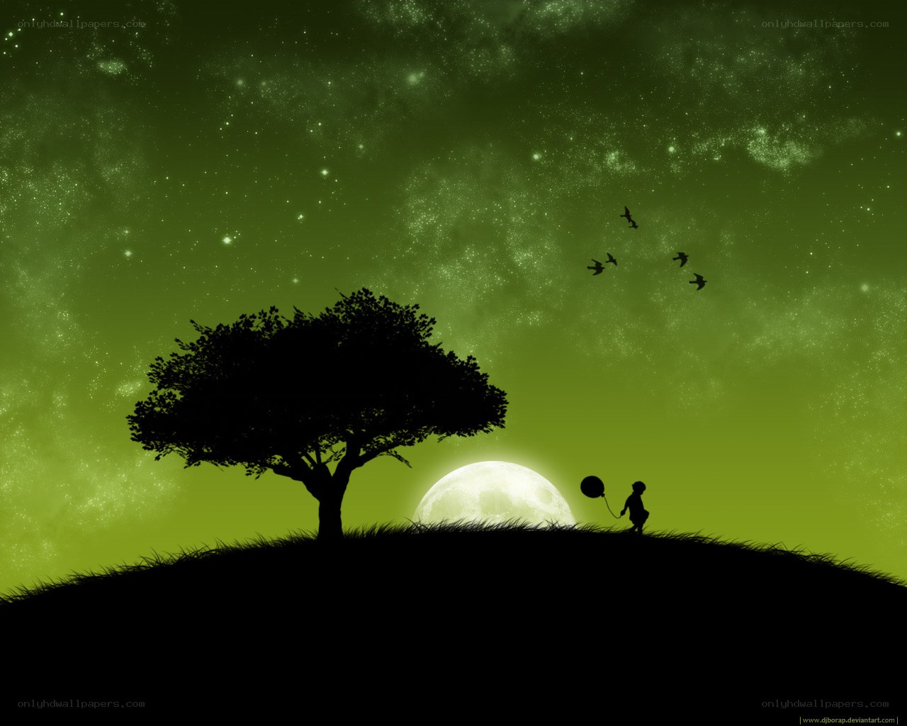 Child with balloon under starry sky
