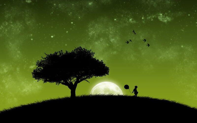 Child with balloon under starry sky