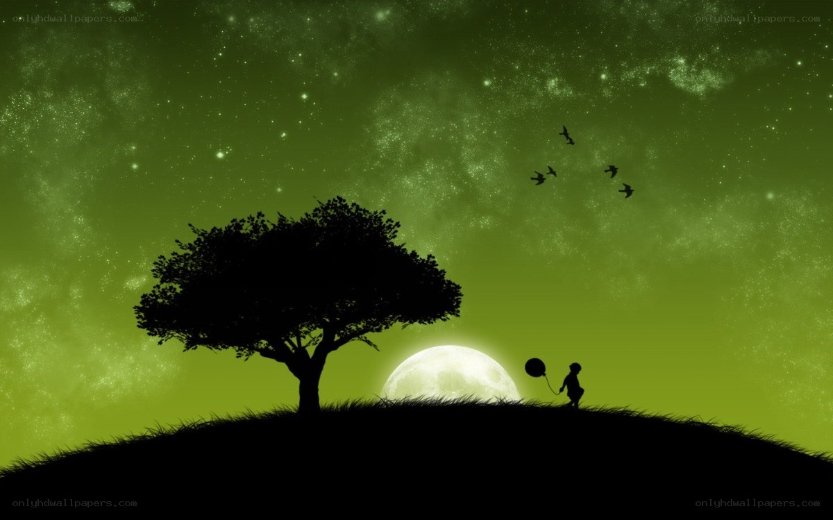 Child with balloon under starry sky