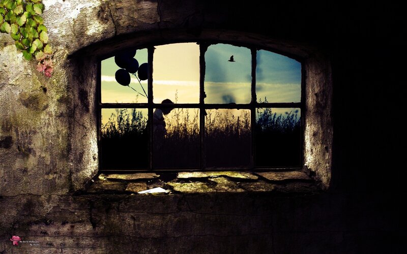 Child with balloons at window