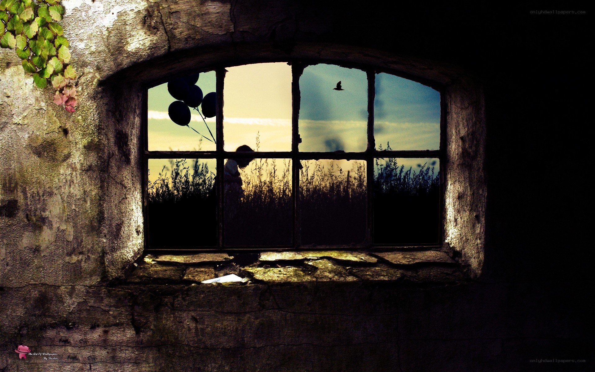 Child with balloons at window