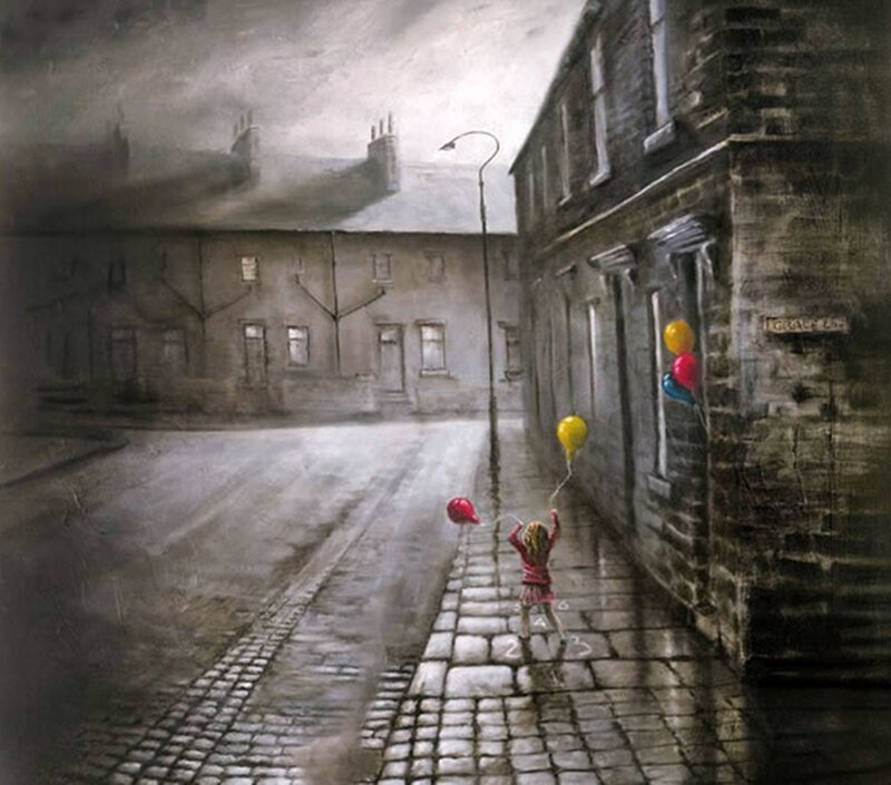 Child with Balloons — Gray, Melancholic