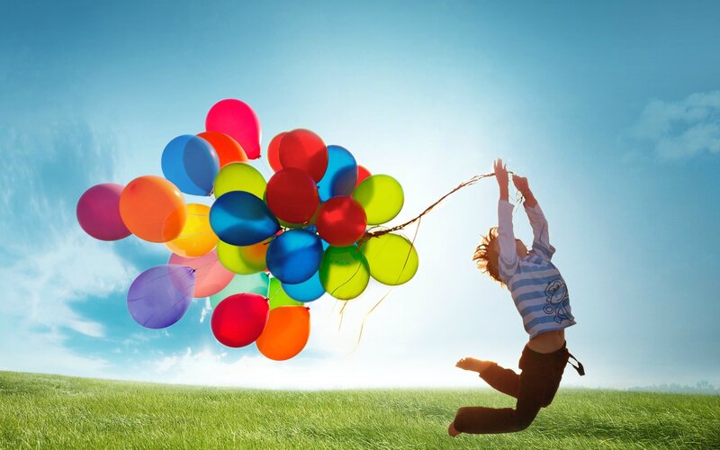 Child with Balloons — Green, Joyful