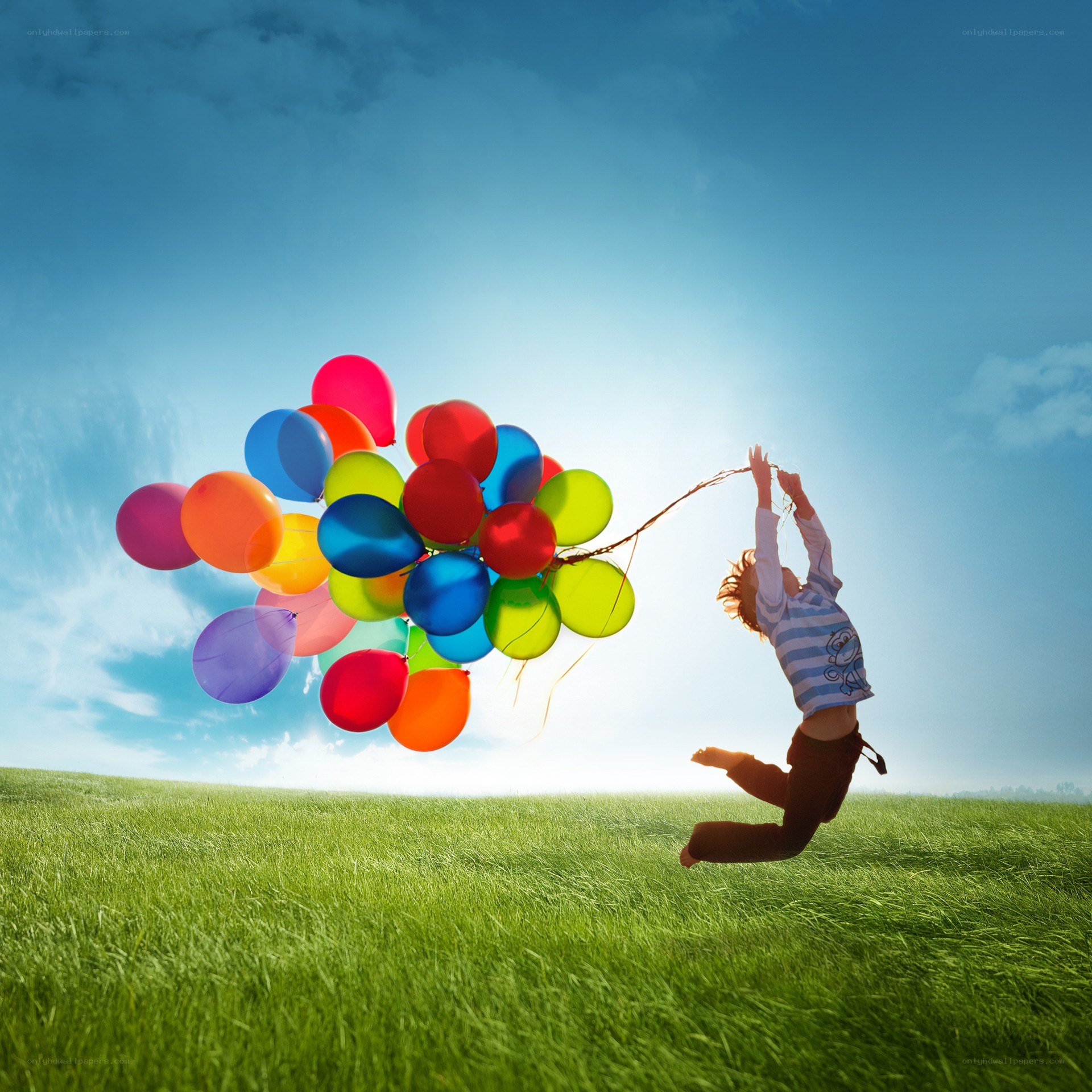 Child with balloons in field