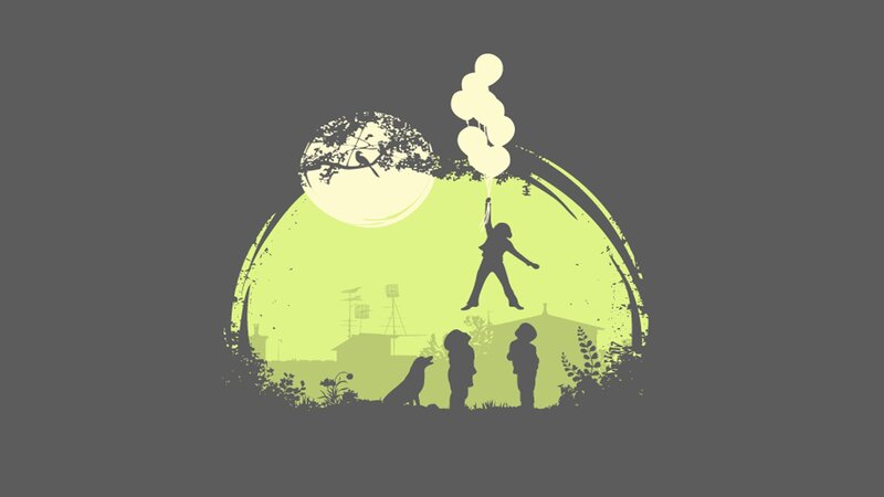 child with balloons in night scene