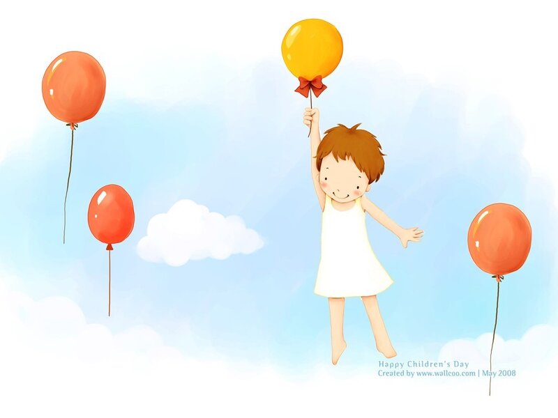 child with balloons in sky