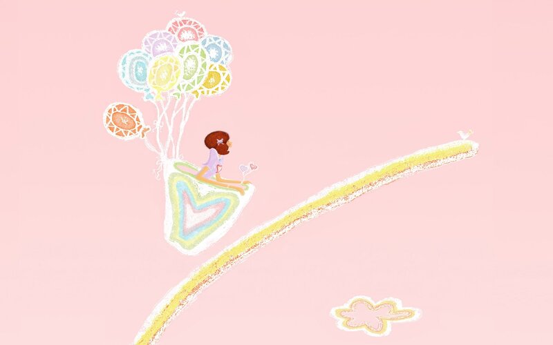 child with balloons on rainbow path