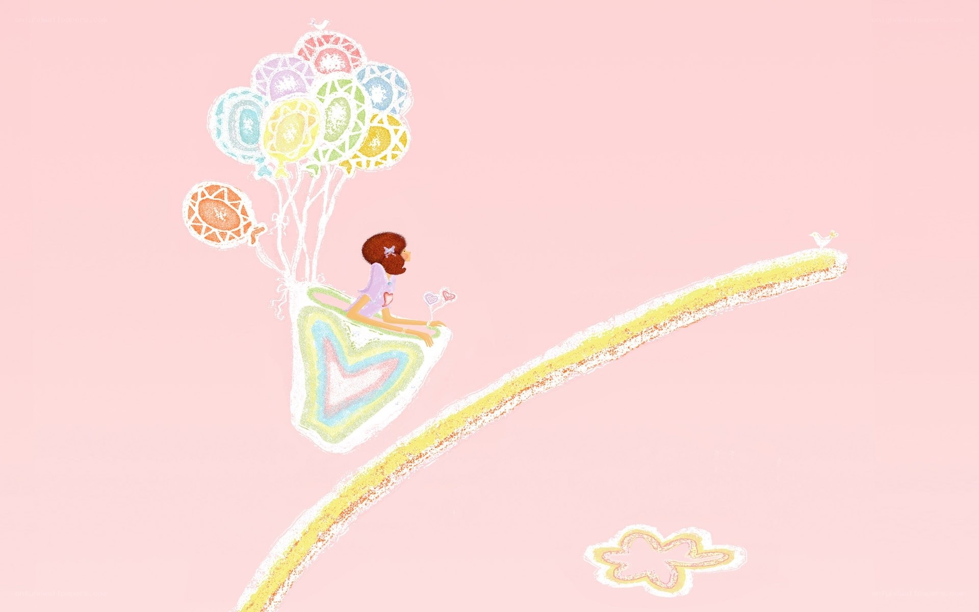 child with balloons on rainbow path