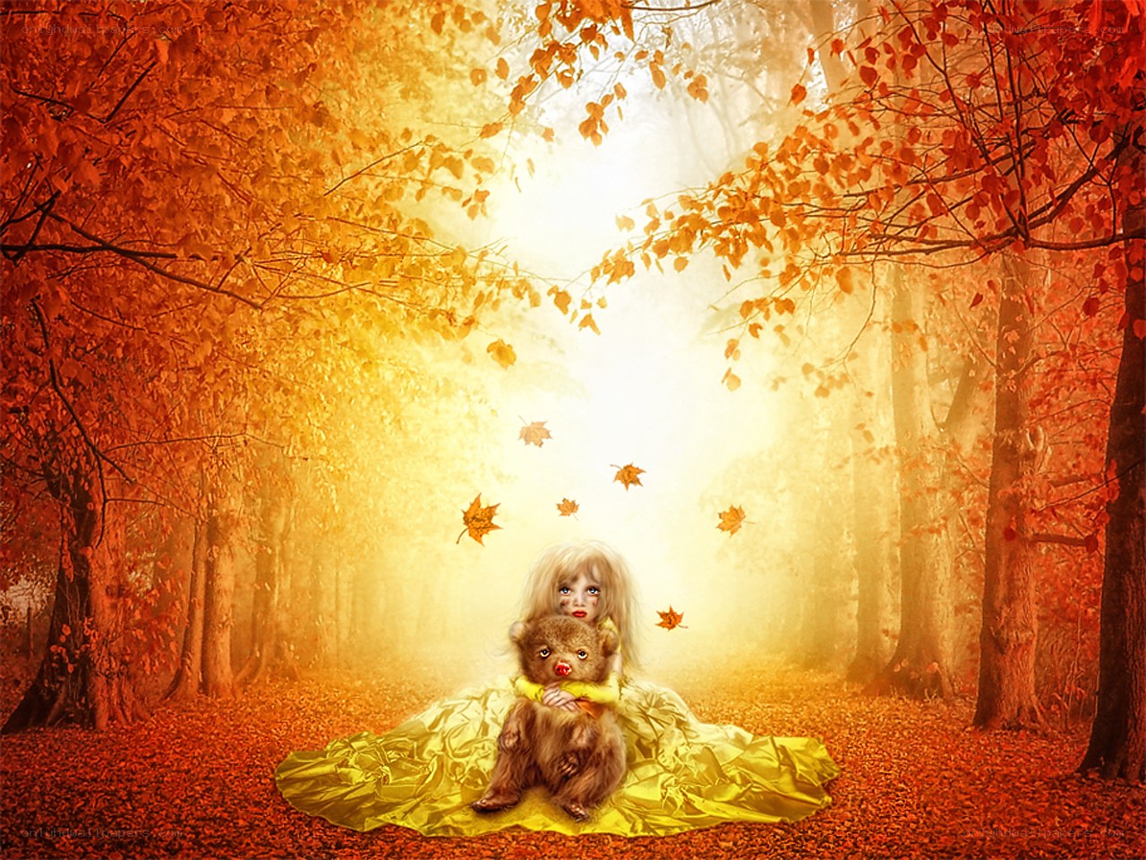 Child with bear in autumn forest