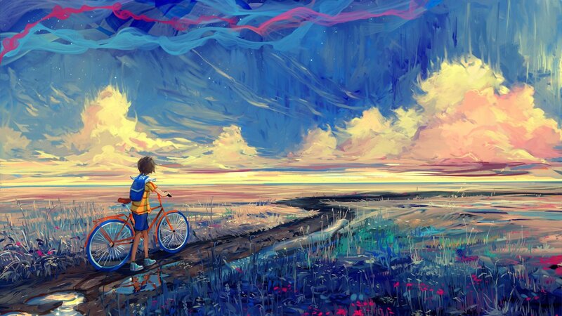 Child with Bicycle — Blue, Serene, Sunset