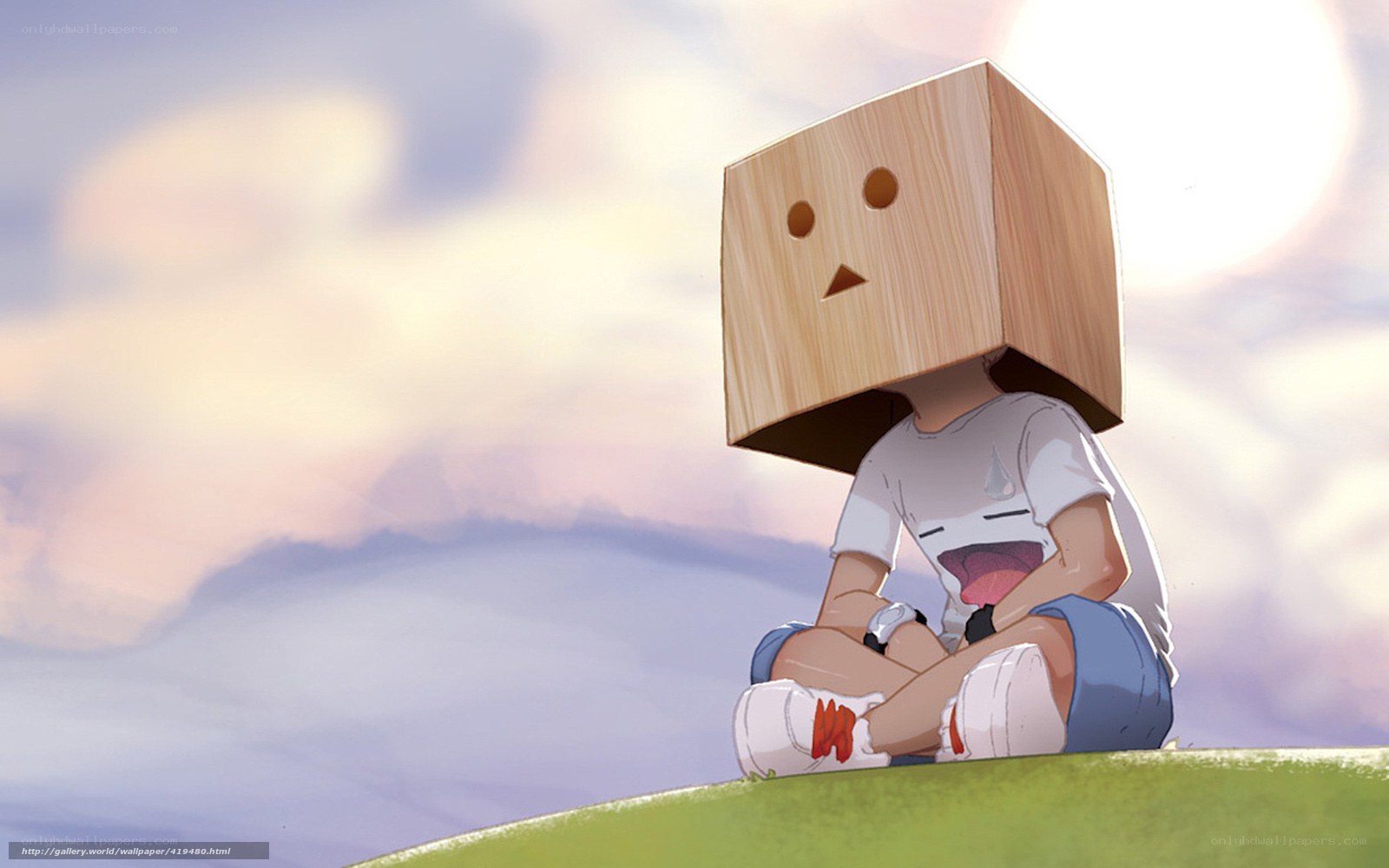 child with box head on hill