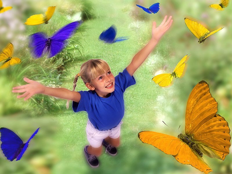 child with butterflies in garden