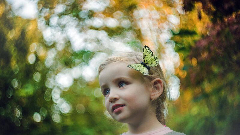 child with butterfly in hair