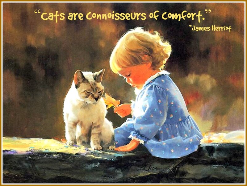 Child with Cat — Blue, Serene, Painting