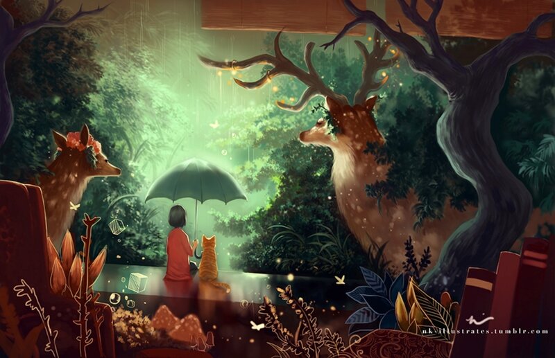 Child with Cat in Forest