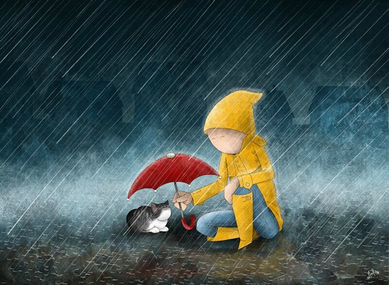 Child with Cat in Rain