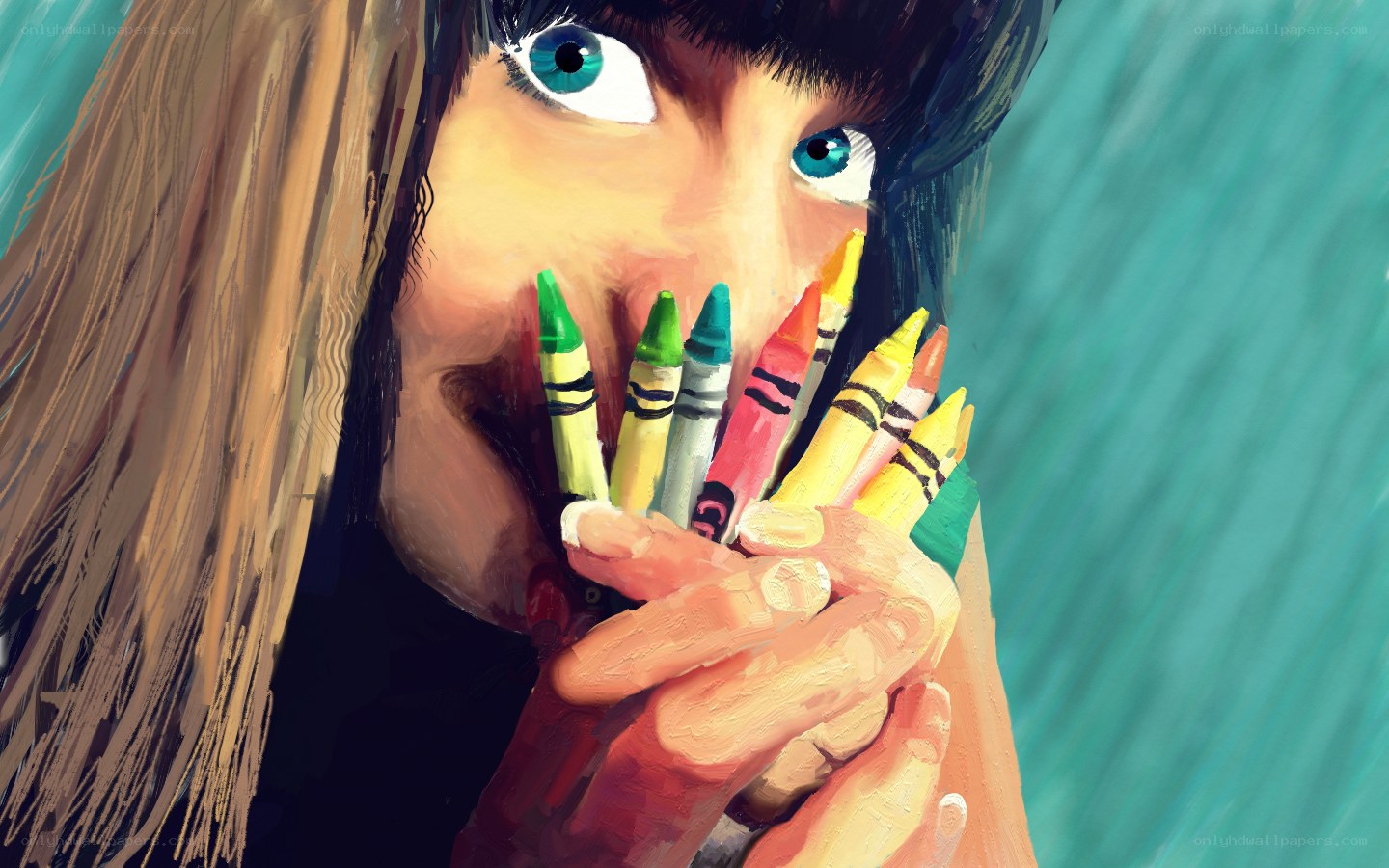 child with crayons in mouth