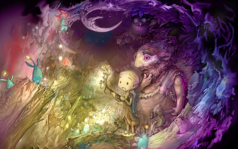 Child with Creature in Cave — Purple, Mysterious, Night