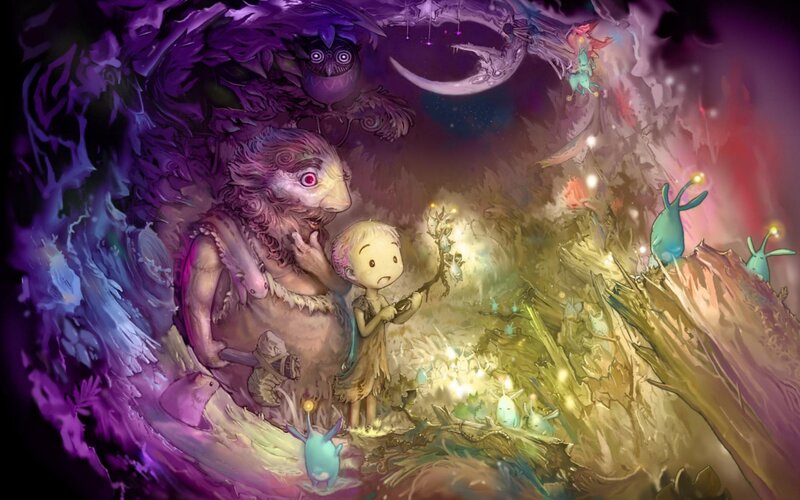Child with Creature in Cave — Purple, Mysterious