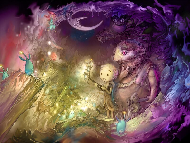 Child with Creature in Cave — Purple