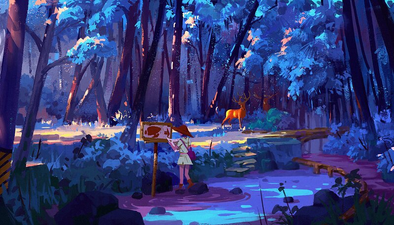 Child with Deer in Forest — Blue