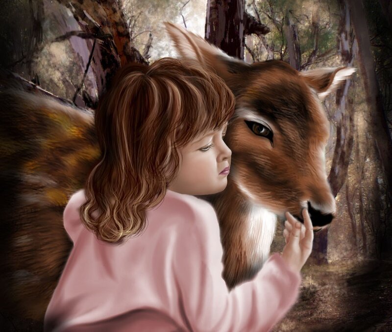 child with deer in forest