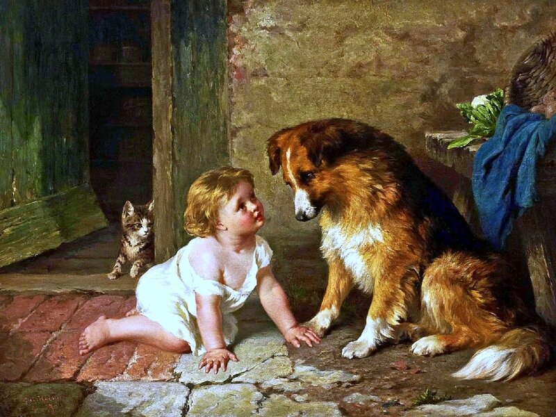 Child with Dog and Cat — Brown