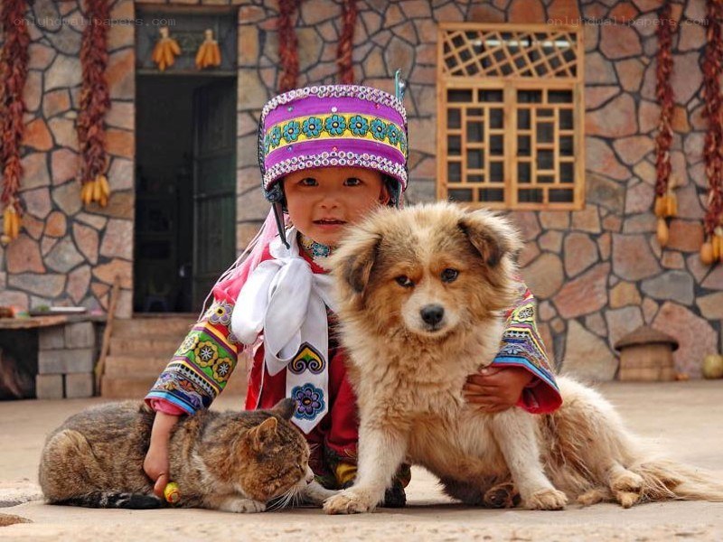 child with dog and cat