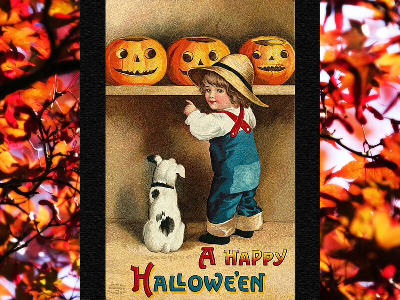 Child with Dog and Pumpkins