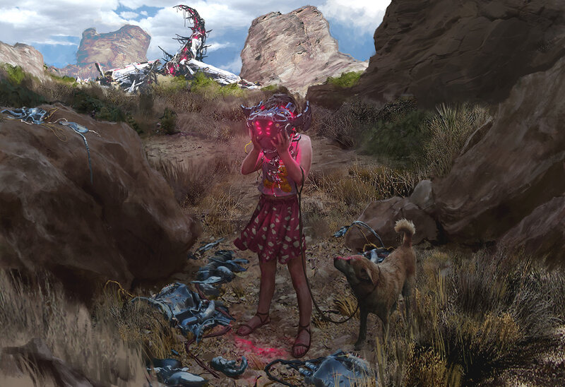 Child with Dog in Desert