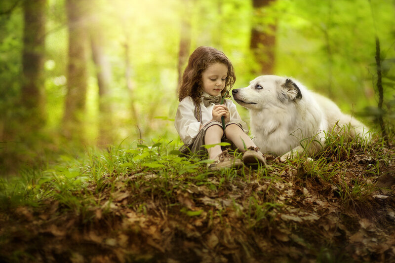 Child with Dog in Forest — Green, Serene