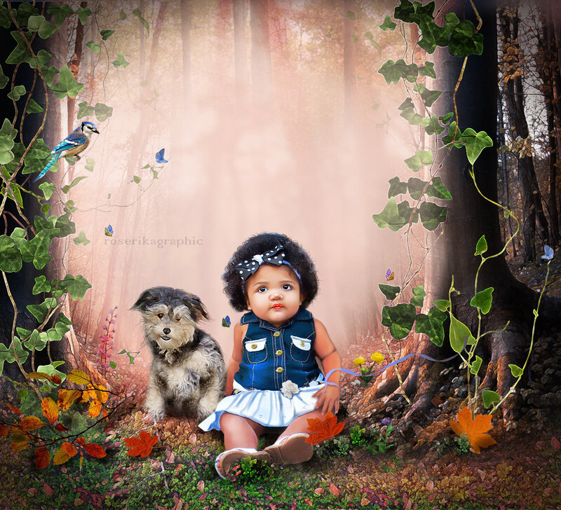 Child with Dog in Forest — Green