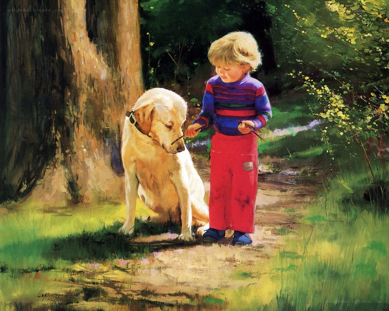 Child with dog in forest