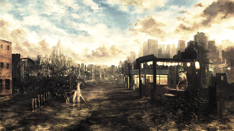 Child with Dog in Ruins
